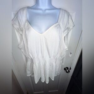 NWT Old Navy Women’s XXL White Crinkle Smocked Waist Short Sleeve Blouse Top 2XL